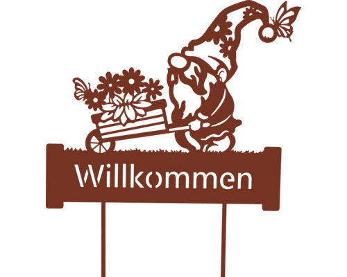 Gartenschild mit der Aufschrift Willkommen, Gartenzwerg, Schubkarre und Blumen