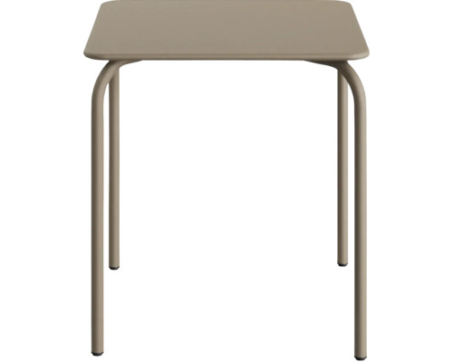 Quadratischer Tisch mit Metallgestell für den Innen- und Außenbereich.
