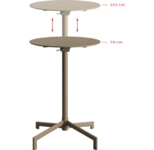 Verstellbarer runder Tisch mit den Maßen 102 cm und 74 cm.