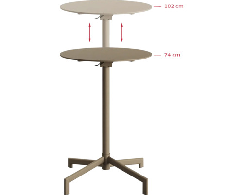 Verstellbarer runder Tisch mit den Maßen 102 cm und 74 cm.