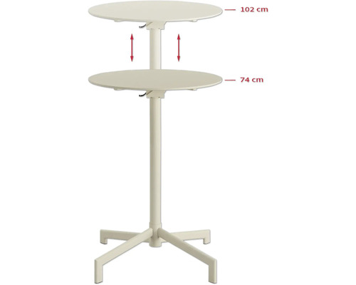 Höhenverstellbarer Stehtisch mit zwei Tischplatten, obere Platte 102 cm, untere Platte 74 cm