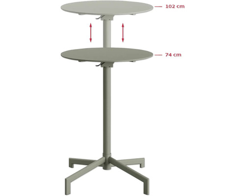 Höhenverstellbarer Stehtisch mit zwei runden Tischplatten und den Maßen 102 cm und 74 cm