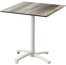 Quadratischer Stehtisch mit Holzmaserung und Metallfuß