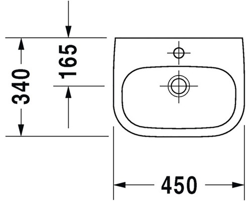 Zeichnung eines Waschbeckens mit Abmessungen 450 x 340 x 165 Millimeter