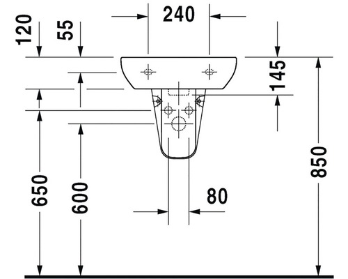 Technische Zeichnung eines Waschbeckens mit Maßangaben