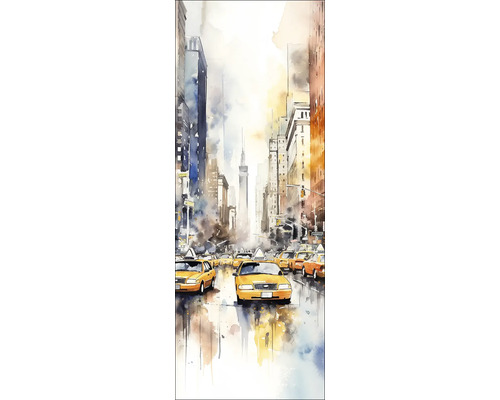 Leinwandbild Colored Street Canyon 27x77 cm Aquarellbild einer belebten Stadtstraße mit gelben Taxis