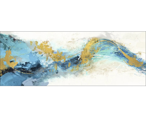 Leinwandbild Green And Gold Wave 77x27 cm Abstraktes Gemälde mit goldenen und blauen Farbakzenten
