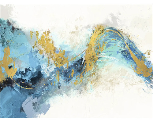 Leinwandbild Green And Gold Wave 77x57 cm Abstraktes Gemälde mit blauem und goldenem Farbmuster