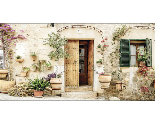 Fassade eines Hauses mit Holztür, Fensterläden und Blumentöpfen