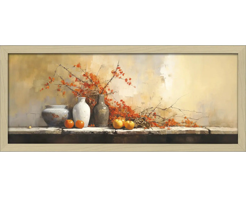 Gerahmtes Bild Still Life On The Wall II 130x60 cm Gemälde mit Vasen, Äpfeln und blühenden Zweigen im Holzrahmen