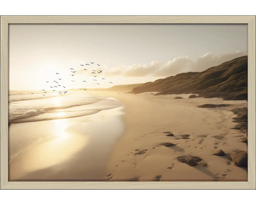 Gerahmtes Bild einer Küstenlandschaft mit Strand, Meer und Vogelschwarm