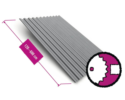 Graue Wellblechtafel mit Längenangabe zwischen 120 und 600 Zentimeter