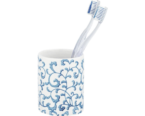 Zahnbürstenhalter aus Keramik mit floralem Muster und zwei Zahnbürsten