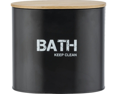 Schwarzer Badeimer mit Bambusdeckel und dem Aufdruck ''Bath Keep Clean''.