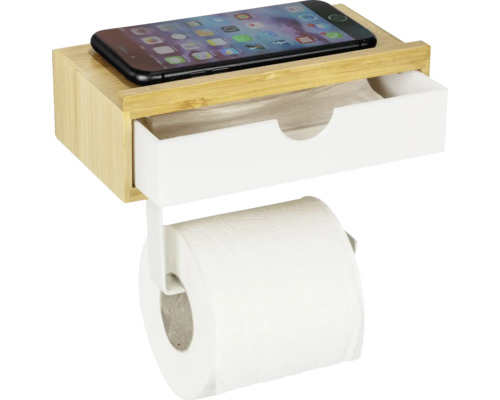 Toilettenpapierhalter aus Bambus mit Ablage für Mobiltelefone und Schublade