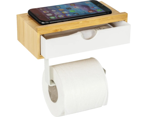 Freistehender Toilettenpapierhalter Mit Bambus-Tablett & Marmor-Basis – Hält 5 Rollen, Inkl. Handyablage (gebürstetes Nickel)