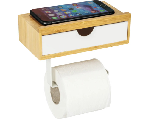 Toilettenpapierhalter mit Ablagefach und Smartphone auf der Ablage