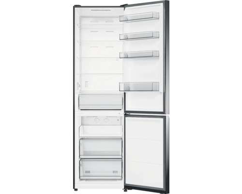 Geöffneter Kühlschrank mit Regalen und Schubladen