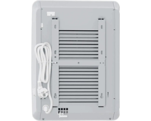 Rückansicht eines Heizkörpers mit Lüftungsschlitzen, Halterung und Stromkabel