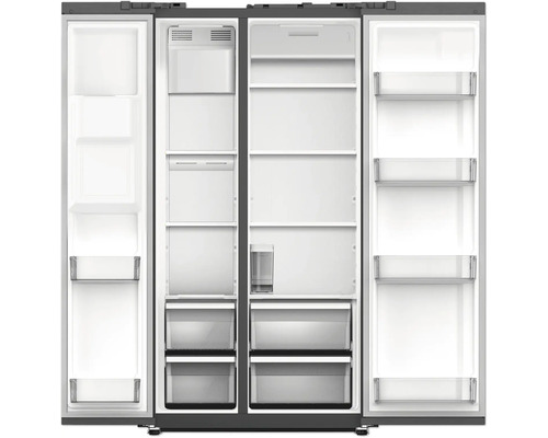 Geöffneter Side-by-Side Kühlschrank mit Fächern und Schubladen