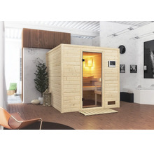 Massivholzsauna Karibu Jara inkl.9 kW Bio Ofen u.ext.Steuerung ohne Dachkranz mit bronzierter Ganzglastüre