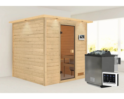 Massivholzsauna Karibu Jara inkl.9 kW Bio Ofen u.ext.Steuerung mit Dachkranz und bronzierter Ganzglastüre Massivholzsauna Karibu Jara inkl.9 kW Bio Ofen u.ext.Steuerung mit Dachkranz und bronzierter Ganzglastüre