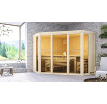Elementsauna Karibu Armira 2 inkl. 9 kW Ofen u.integr.Steuerung ohne Dachkranz mit Ganzglasfensterfront