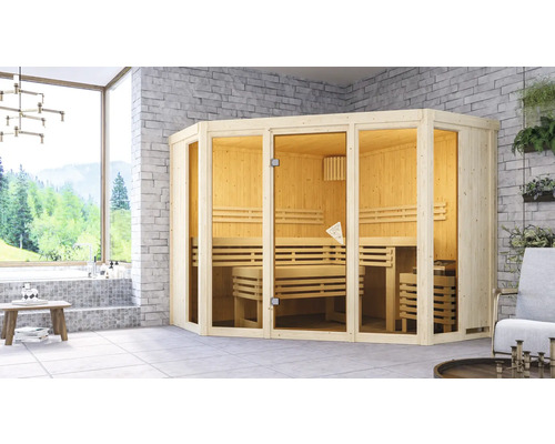 Elementsauna Karibu Armira 2 inkl. 9 kW Ofen u.integr.Steuerung ohne Dachkranz mit Ganzglasfensterfront Elementsauna Karibu Armira 2 inkl. 9 kW Ofen u.integr.Steuerung ohne Dachkranz mit Ganzglasfensterfront