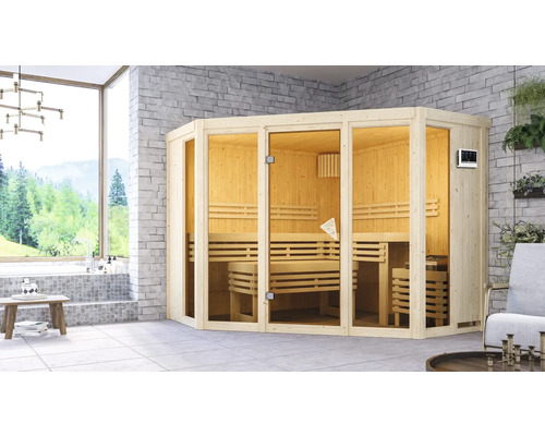 Elementsauna Karibu Armira 2 inkl. 9 kW Bio Ofen u.ext.Steuerung ohne Dachkranz mit Ganzglasfensterfront