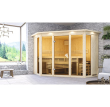 Elementsauna Karibu Armira 2 inkl. 9 kW Ofen u.integr.Steuerung mit Dachkranz und Ganzglasfensterfront