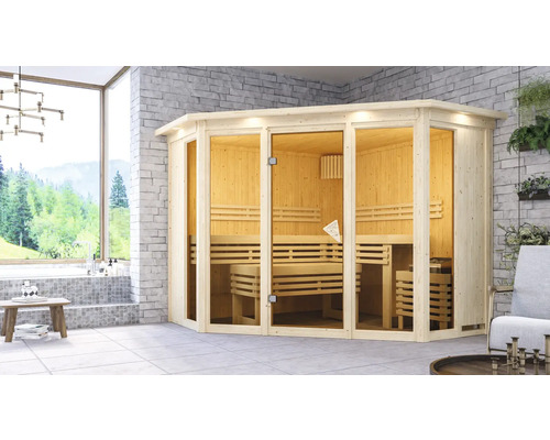 Elementsauna Karibu Armira 2 inkl. 9 kW Ofen u.integr.Steuerung mit Dachkranz und Ganzglasfensterfront