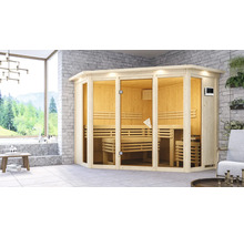Elementsauna Karibu Armira 2 inkl. 9 kW Ofen u.ext.Steuerung mit Dachkranz und Ganzglasfensterfront