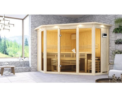 Elementsauna Karibu Armira 2 inkl. 9 kW Ofen u.ext.Steuerung mit Dachkranz und Ganzglasfensterfront Elementsauna Karibu Armira 2 inkl. 9 kW Ofen u.ext.Steuerung mit Dachkranz und Ganzglasfensterfront