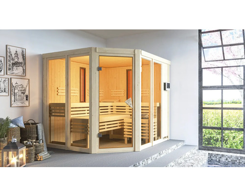 Elementsauna Karibu Avara inkl. 9 kW Bio Ofen u.ext.Steuerung ohne Dachkranz mit bronzierter Ganzglastüre