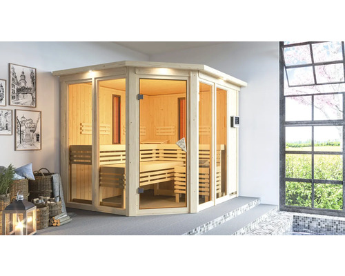 Elementsauna Karibu Avara inkl. 9 kW Ofen u.ext.Steuerung mit Dachkranz und bronzierter Ganzglastüre