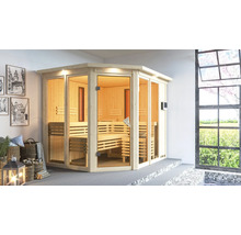 Elementsauna Karibu Avara inkl .9 kW Bio Ofen u.ext.Steuerung mit Dachkranz und bronzierter Ganzglastüre