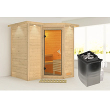 Holzsauna mit Glastür und Saunaofen mit Saunasteinen