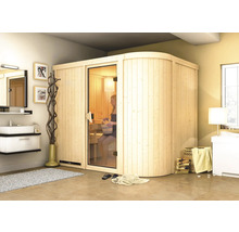 Holzsauna mit Glastür in einem Badezimmer