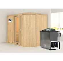 Elementsauna Karibu Korall IV inkl. 9 kW Bio Ofen u.ext.Steuerung ohne Dachkranz mit Holztüre und Isolierglas wärmegedämmt