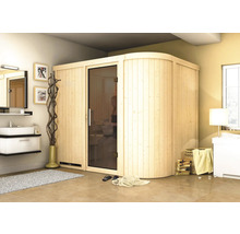 Holzsauna mit Glastür in einem Badezimmer