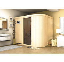 Elementsauna Karibu Korall IV inkl. 9 kW Bio Ofen u.ext.Steuerung ohne Dachkranz mit graphitfarbeneer Ganzglastüre