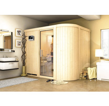 Elementsauna Karibu Korall IV inkl. 9 kW Bio Ofen u.ext.Steuerung ohne Dachkranz mit Ganzglastüre aus Klarglas