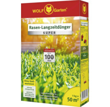 Wolf Garten Logo. Packung Rasen Langzeitdünger Super für 50 Quadratmeter Rasenfläche.