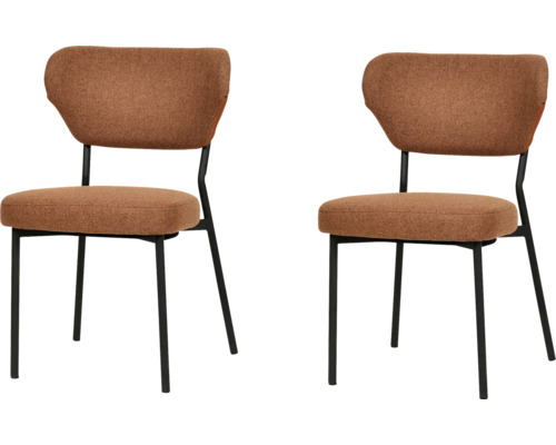 Zwei braune Esszimmerstühle mit schwarzen Metallbeinen.