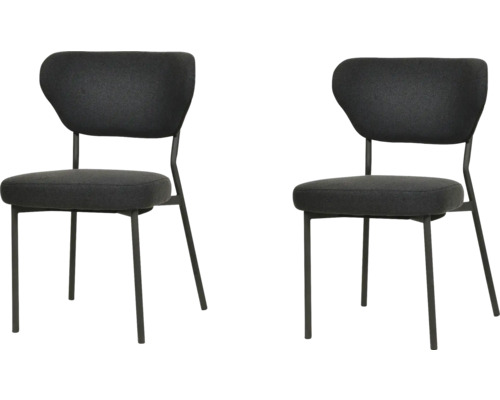 Zwei schwarze Stühle mit Stoffbezug und Metallgestell