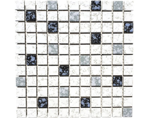 Mosaik Quadrat weiß schwarz blau 30,5 cm x 30,5 cm x 5 mm Mosaikfliese mit quadratischen Steinen