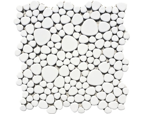 Keramikmosaik XKM 100N Kiesel 27,5 x 27,5 cm uni weiß glänzend Mosaikmatte mit unregelmäßig geformten, glänzenden Steinen