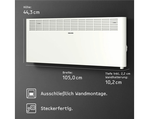 Weißer Wandkonvektor mit den Maßen 44,3 cm Höhe, 105,0 cm Breite und 10,2 cm Tiefe, inklusive Wandhalterung.