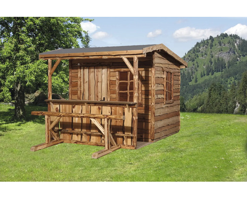 Gartenhaus weka Man Cave Rustikal mit individuellem Schriftzug, Fußboden, überdachte Theke mit Sitzgelegenheit 340 x 350 cm natur