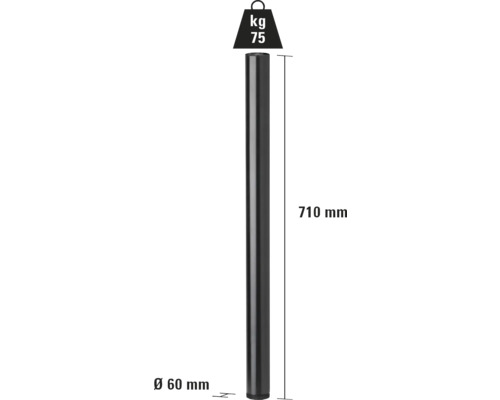 Metallpfosten mit den Maßen 710 mm Länge und 60 mm Durchmesser, Gewichtssymbol 75 kg